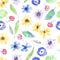 Watercolor seamless pattern with wildflowers, leaves, greenery.