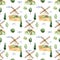 Watercolor seamless pattern with windmill, clouds, wheat fields, trees on a white background