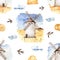 Watercolor seamless pattern with a windmill, clouds, wheat stacks, swallows