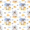 Watercolor seamless pattern with a windmill, clouds, wheat stacks, swallows on a white background