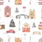 Watercolor seamless pattern with winter european city, car, spruce, bench, bridge, lantern