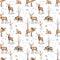 Watercolor seamless pattern with winter forest, bare trees, forest animals, elk, deer, boar, animal footprints in the snow on a