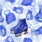 Watercolor seamless pattern with winter skate man accessories on