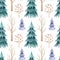 Watercolor seamless pattern with winter trees: rowan, fir-tree, bare foliar tree in cartoon style