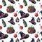 Watercolor seamless pattern with witch hat, potion pot, poison and blood bottles