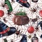 Watercolor seamless pattern with witch hat, potion pot, spider, cobweb, poison and blood bottles for Halloween