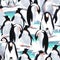 Watercolor seamless pattern witn penguin`s flock on the snow