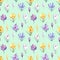 Watercolor seamless pattern with yellow, violet and white crocuses.