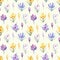 Watercolor seamless pattern with yellow, violet and white crocuses.