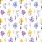 Watercolor seamless pattern with yellow, violet and white crocuses.