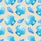 Watercolor seamless patterns with blue seashells on a beige background. Perfect for postcards, patterns, banners, posters,