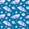 Watercolor seamless patterns with blue seashells on a blue background. Perfect for postcards, patterns, banners, posters, nautical