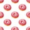 Watercolor seamless patterns with colorful donuts with glaze and sprinkles isolated on white background.