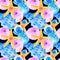 Watercolor seamless patterns hand-drawn with blue seashells and orange starfish on a black background. Perfect for postcards,