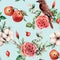 Watercolor seamless patttern with bird and apple. Hand painted floral illustration with cotton, apple, dogrose, leaves
