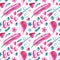 Watercolor seamless romantic pattern in pink and turquoise colors with feathers, balloons, hearts and flowers
