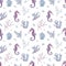 Watercolor seamless seahorse and seaweed pattern. Purple underwater background