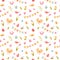 Watercolor seamless spring pattern. Illustration for Easter with bee, tulip, colorful eggs, watering can, bird, party