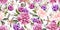 Watercolor seamless spring pattern with peony, tulip, cotton and birds.