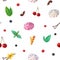 watercolor seamless sweets and berries background. Pattern of cherry, berries, mint leaves, vanilla flower, meringues, waffel and