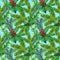Watercolor seamless tiles with traditional Christmas red-green decor. Isolated or on light-blue background. For wallpapers,