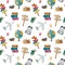 Watercolor seamless travel pattern with airplane, suitcase, signpost, globe, camera, bag, backpack, passport and tickets.