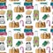 Watercolor seamless travel pattern with suitcase, bag, backpack, arrows, passport and tickets.