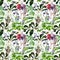 Watercolor seamless tropical pattern of alpaca, ostrich and cartoon llama