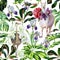 Watercolor seamless tropical pattern of alpaca, ostrich and cartoon llama with pasque-flower, peony, orchid.