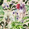 Watercolor seamless tropical pattern of alpaca, ostrich and cartoon llama with pasque-flower, peony, orchid.