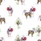 Watercolor seamless tropical pattern of alpaca with peonies, ostrich with orchids and cartoon llama.