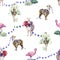 Watercolor seamless tropical pattern of alpaca with peonies, ostrich with orchids and cartoon llama, flamingo