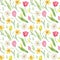 Watercolor seamless tulip and daffodil pattern. Spring background. Easter, Mother`s Day and Women`s day background