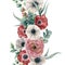 Watercolor seamless vertical floral border. Hand painted bouquet with red, white anemone, ranunculus, succulent