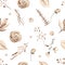 Watercolor seamless winter pattern with Christmas plants, leaves, berries, branches, flowers, foliage, fir branches in brown