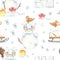 Watercolor seamless winter pattern with snowmen, sleigh, snow fortress.