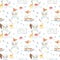 Watercolor seamless winter pattern with snowmen, sleigh, snow fortress.