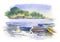 Watercolor seascape with boats