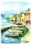 Watercolor seascape. Mediterranean old town, boats and promenade