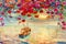 Watercolor seascape painting colorful of red roses with fishing boat