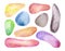 Watercolor semiprecious stones set. Bright watercolor multicolored crystal stones gems on white background