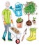 Watercolor senior gardener and garden set