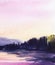 Watercolor serene landscape of distant dim mountains and lake shore with blurry silhouettes of dark forest. Rippled
