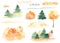 Watercolor set with autumn landscapes with autumn trees, firs, pines, grass, glades