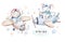 Watercolor set baby cartoon cute boy pilot and baby elephant aviation sky transport complete with airplanes balloons, clouds.