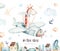 Watercolor set baby cartoon cute pilot aviation background illustration of fancy sky transport complete with airplanes