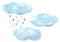 Watercolor set with blue clouds and colorful raindrops on white background