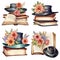 Watercolor Set of books with detective hat and flowers