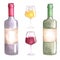 Watercolor set of  bottles and glasses of different shapes with white and red grape wine.