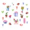 watercolor set with bouquets of tulips and romantic cacti for valentine's day design, cacti, cupcakes, pink lollipop